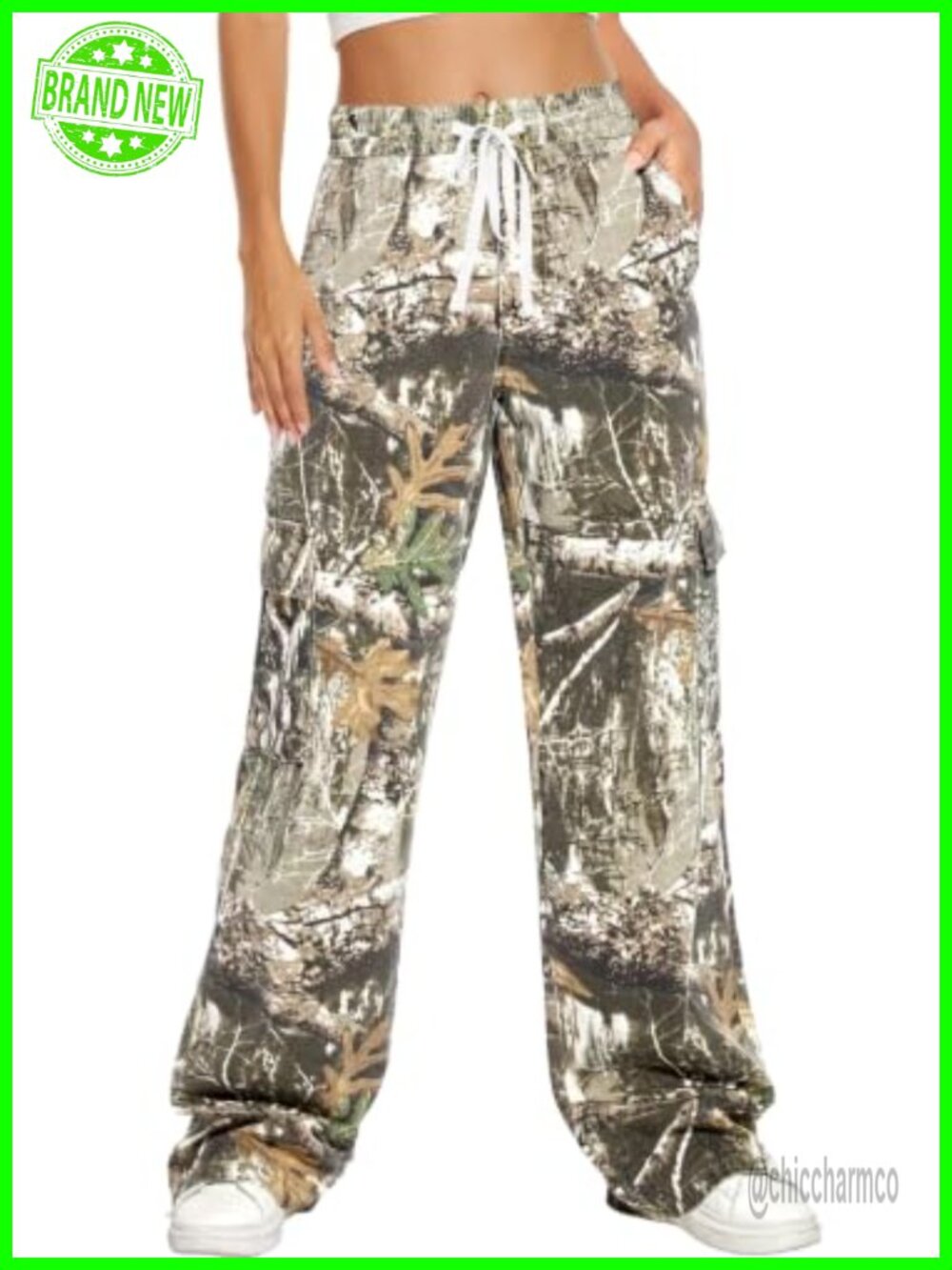 Womens High Waisted Wide Leg Camo Cargo Pants Cotton Drawstring